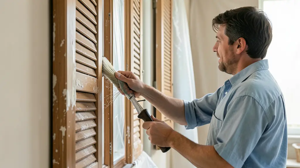 Person preparing exterior wooden shutters, scraping loose coating, sanding the grain and protecting nearby glass with sheeting, no text, no logo
